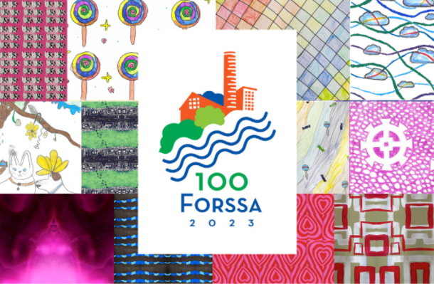 Kuosikilpailun kirjava juliste, jossa on Forssan juhlavuoden logo.