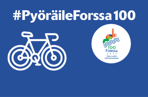 Polkupyörän kuva yhdessä Forssan juhlavuoden logon kanssa. Tekstinä #PyöräileForssa100.