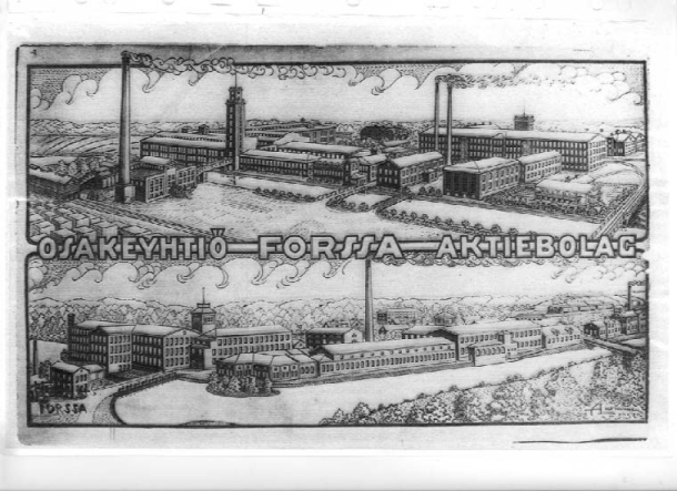 Kuva 1. Vanha piirros Forssan Osakeyhtiön rakennuksista.